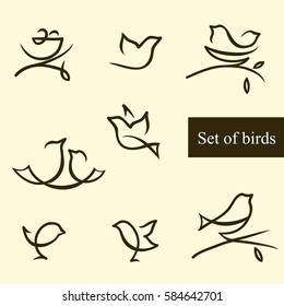 Set of bird silhouettes. Line.