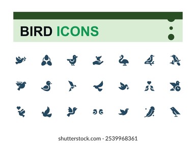 Set of Bird solid icons. Contains related to animal, wildlife, wild, beak, feather, sparrow and more. Flat filled icons pack.