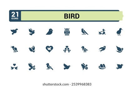 Set of Bird solid icons. Contains related to animal, wildlife, wild, beak, feather, sparrow and more. Flat filled icons pack.