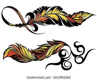 Set of bird tattoo feathers. Two stylized feathers with decorative  forms of a tattoo