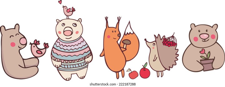 set with bird, teddy, squirrel, hedgehog