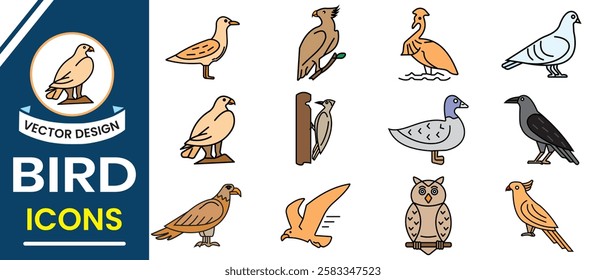 Set of Bird vector, icon set. Silhouettes of birds vector sign and symbol. Flying, siting and swimming bird icon, owl, dove, duck, parrot and others bird symbol. Vector illustration.