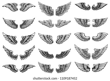 Set of bird wings illustrations in tattoo style. Design element for emblem, sign, logo, label. Vector image