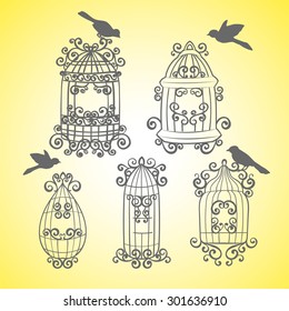 Set birdcages with birds