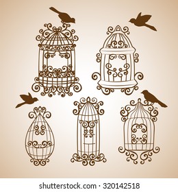Set birdcages with birds