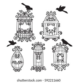 Set birdcages with birds