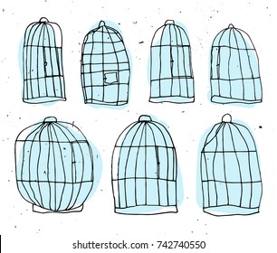 Set of Birdcages hand draw vector illustration. Bird cell sketch with light texture. Birdcage - kids drawing, children draw.