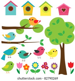 Set birds with birdhouses, trees and flowers.