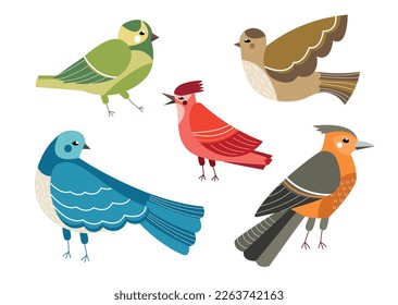 Reihe von Vögeln. Kollektion von bunten kleinen Tieren mit Federn und Flügeln. Ornithologie und Zoologie, Fauna und Wild, Biologie. Cartoon-FlachVektorgrafiken einzeln auf weißem Hintergrund