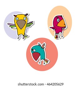 Set of birds in colorful circles. Three feathered animals with black outline hand drawn illustration. Doodles characters parrot simple form. Small colorful birds in different poses