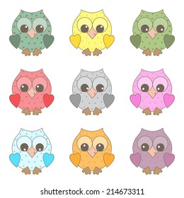 Set of birds. Cute colorful owls.