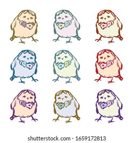 Set of birds of different colors. Vector illustration in cartoon style. Hand drawn. On white background.