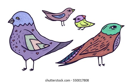 Set of birds in different colours and sizes. Cute birds in cartoon style isolated in white.