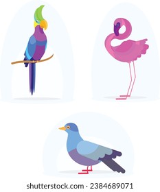 set of birds dove flamingo parrot stickers flat style illustration vector