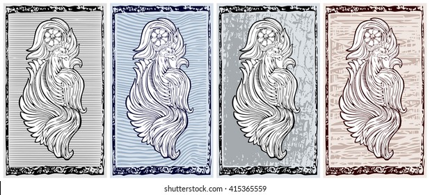 Set of birds, elegantly stylized in ornamental graphic style with different backgrounds