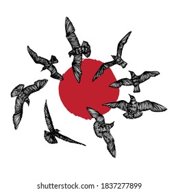 Set of birds flock, flying seagulls at the sun set or sun rise, hand drawn textured sketch of sea marine birds. Concept for sail or sailor lifestyle. Sunset background. Vector.