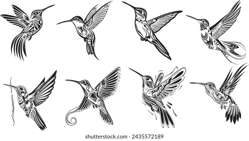 Set of birds flock, flying swallows, hand drawn textured sketch. Vector.