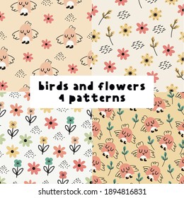 Set of Birds and Flowers vector seamless pattern for print