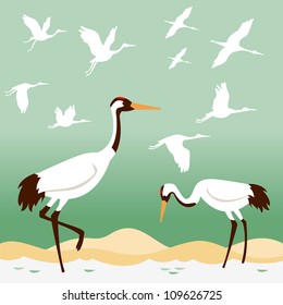 Set of birds - flying cranes