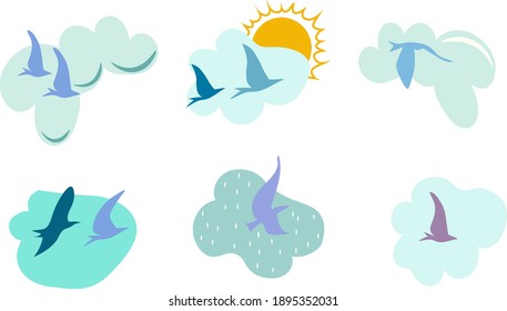Set of birds flying on clouds. 
Editable Vector illustration. Design for cards, wallpaper, t-shirt apparel clothing or children fabric. 