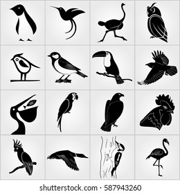 Set of Birds icons. Penguin, Bird, Pelican, Humming Bird, Owl, Eagle, Cock, Rooster, Toucan, Ostrich, Raven, Great Tit, Parrot, Woodpecker, Duck, Cockatoo and Flamingo  icons