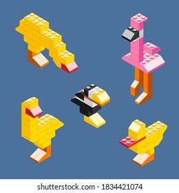Set of birds made of blocks. Isometric constructor. Blocks and elements to create funny figures. Flat design.