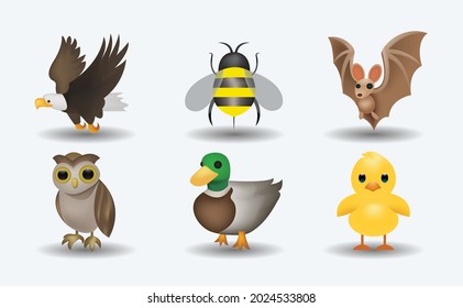 Set of birds and mammal vector emoji illustration. Owl, bat, bee, chicken, duck, eagle in cartoon style. Collection of mixed cartoon birds. 3d illustration.