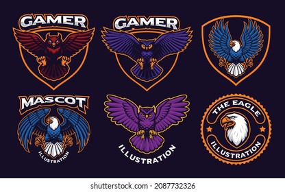A set of Birds Mascots such as owls and eagles, these designs can be used as sports mascots, logos for t-shirt prints