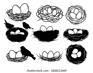 Set of bird's nest. Collection of nests with eggs and birds. Wildlife. Vector illusstration of birds house on whitee background. 