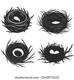 Set of Bird's Nests Collection with Eggs and Birds, Wildlife Vector Illustration