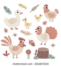 Set of Birds on the farm.Agriculture.Autumn atmosphere.Illustration for children's book.
