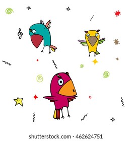 Set of birds on isolated background. Small colorful birds in different poses. Three feathered animals with black outline hand drawn illustration. Doodles characters parrot simple form