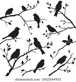 Set of Birds on tree branch black silhouettes