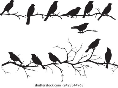 Set of Birds on tree branch black silhouettes