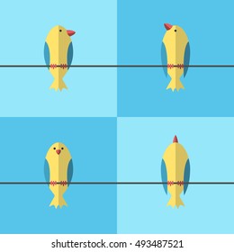 Set of birds perching on wire isolated on blue sky background. Flat design. EPS 8 vector illustration, no transparency