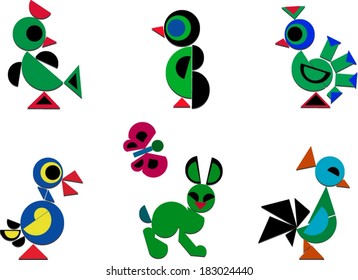 Set of birds, rabbit and butterfly