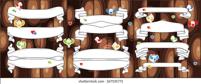 A set of birds and ribbons. A collection of old banners and birds. Flat design. Vector illustration.