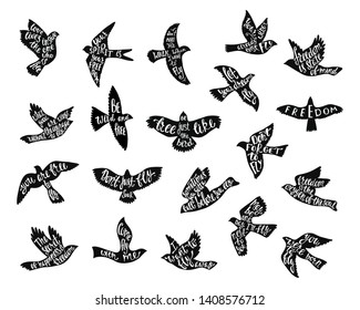 Set of bird's silhouettes with handwriting inspirational quotes. Hand drawn typography motivation sayings. Flying birds bundle. Vector cliparts isolated on white background.