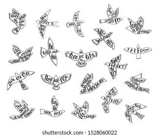 Set of bird's silhouettes with handwriting inspirational quotes. Hand drawn typography motivation sayings. Flying birds bundle. Vector cliparts isolated on white background.