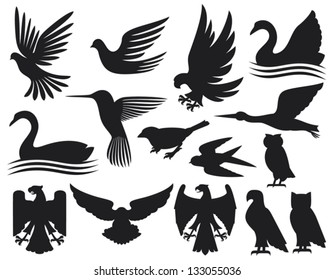 set of birds silhouettes (hummingbird, dove, sparrow, owl, swan, stork, eagle, falcon)