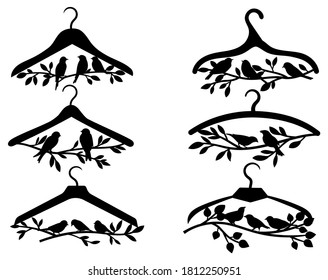 Set of birds sit on hangers. Collection of silhouette of birds sitting on tree branches. Vinyl wall decals. Vector illustration for children's clothing store. Tattoos. 