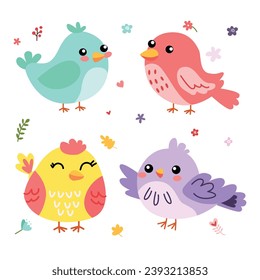 set birds surrounded by flowers and leaves in pastel colors