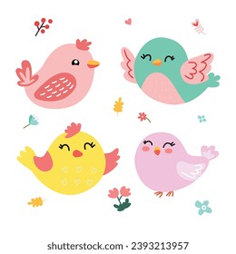 set birds surrounded by flowers and leaves in pastel colors