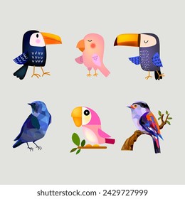 Set of birds, toucan, parrot, sparrow, raven  icon animal isolated on white background vector illustration.