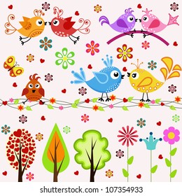 Set. Birds, trees and flowers