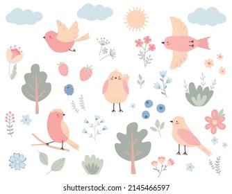 Set with birds, trees, flowers, clouds and the sun. Cute collection of elements of summer and spring nature. Childish flat vector illustration.