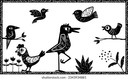 Set of birds of various sizes. Woodcut style and cordel literature