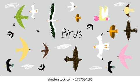 Un conjunto de pájaros. Ilustración vectorial con diferentes aves: golosinas, grúas, gaviotas, para decoración, diseño, impresión, negocios, tarjetas, carteles, carteles.
