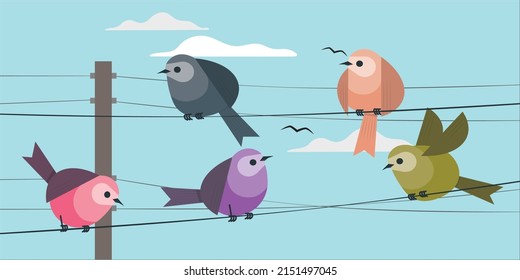 A set of birds. The vector is isolated on a blue background. Colorful birds sitting on wire isolated.