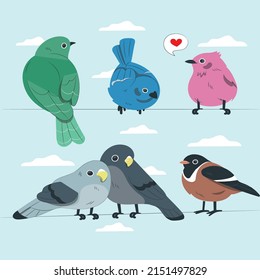 A set of birds. The vector is isolated on a blue background. Colorful birds sitting on wire isolated.